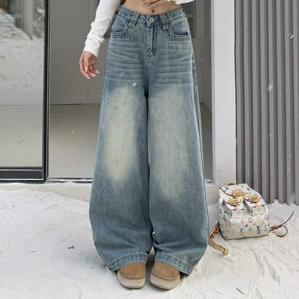 3MER哦哦三妹 浅蓝色水洗直筒牛仔裤女美式宽松垂感拖地阔腿裤子
