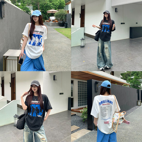 3MER美式酷girl水洗印花短袖T