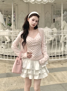 3MER哦哦三妹纯欲波点蕾丝V领粉色吊带背心女开衫甜美套装两件套