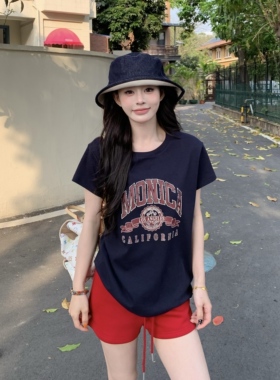 3MER哦哦三妹 韩系做旧字母印花短袖T恤女夏美式宽松正肩圆领上衣