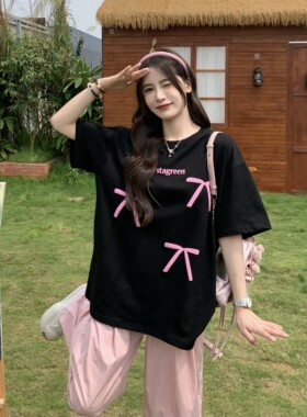 3MER哦哦三妹 设计感蝴蝶结圆领短袖t恤女夏季新宽松百搭甜美上衣