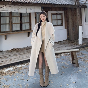 3MER哦哦三妹 大翻领双面呢羊毛大衣女冬气质高级感长款毛呢外套