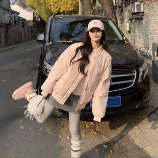 3MER哦哦三妹韩系甜美粉色棒球服夹棉外套女冬季新款保暖棉衣棉服