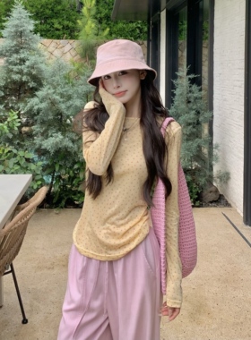 3MER哦哦三妹 韩系温柔黄色碎花长袖T恤女夏薄款圆领罩衫打底上衣