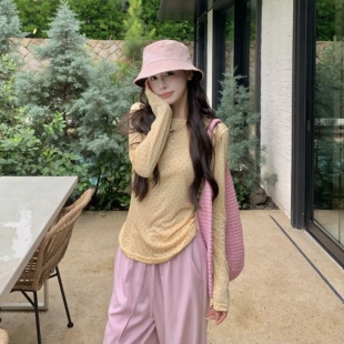 3MER哦哦三妹 韩系温柔黄色碎花长袖T恤女夏薄款圆领罩衫打底上衣