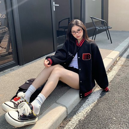 3MER哦哦三妹美式设计感辣妹学院风棒球服外套女宽松小众立领夹克