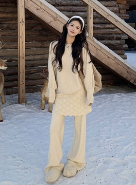 3MER哦哦三妹韩系温柔风套装女圆领针织毛衣秋冬屁帘休闲裤两件套