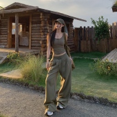 卫裤 3MER哦哦三妹 辣妹U领排扣吊带背心女阔腿拖地运动长裤 两件套