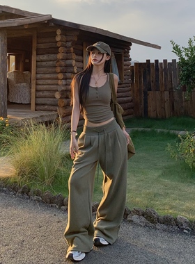 3MER哦哦三妹 辣妹U领排扣吊带背心女阔腿拖地运动长裤卫裤两件套