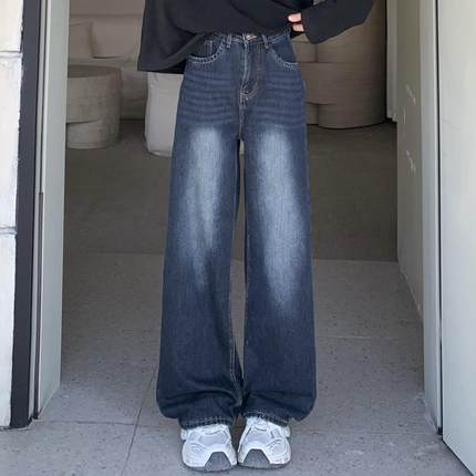 3MER哦哦三妹美式高街蓝灰色加绒牛仔裤女冬高腰宽松显瘦阔腿裤子