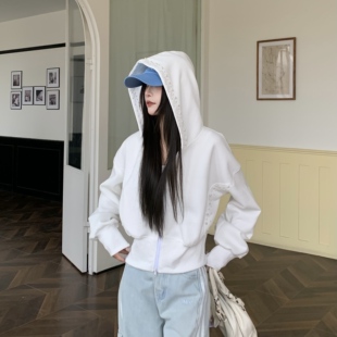 3MER哦哦三妹设计感小众珍珠连帽卫衣女秋冬修身短款收腰开衫外套