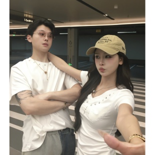 3MER哦哦三妹 韩系情侣铆钉长短款短袖T恤女夏季纯欲辣妹显瘦上衣