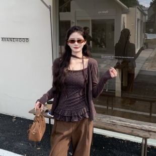 3MER哦哦三妹韩系温柔风波点吊带两件套上衣女秋针织开衫纯欲套装