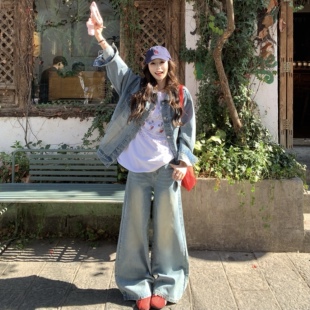 3MER哦哦三妹韩系复古蓝色懒人牛仔套装女春季牛仔外套裤子两件套