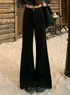 3MER哦哦三妹黑色加绒裤子女秋冬显瘦阔腿裤高腰微喇休闲喇叭裤子