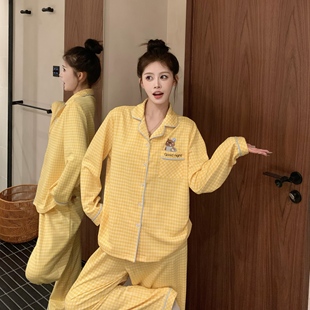 3MER哦哦三妹 女卡通甜美休闲家居服两件套 格纹小熊晚安睡衣套装