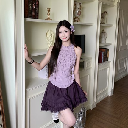 3MER哦哦三妹甜美纯欲紫色芭蕾风套装上衣女秋绝美半身短裙两件套