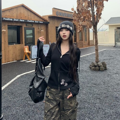 3MER美式哥特风修身连帽开衫上衣