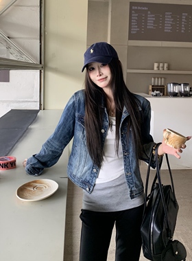 3MER哦哦三妹复古水洗正肩牛仔外套女修身百搭浅蓝色短款翻领上衣