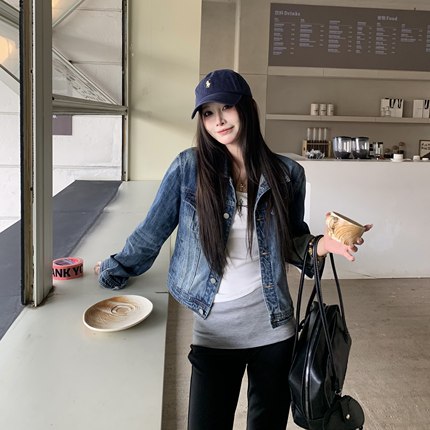 3MER哦哦三妹复古水洗正肩牛仔外套女修身百搭浅蓝色短款翻领上衣