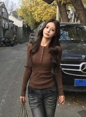 3MER哦哦三妹亨利领毛衣排扣长袖针织打底衫秋冬复古显瘦内搭上衣