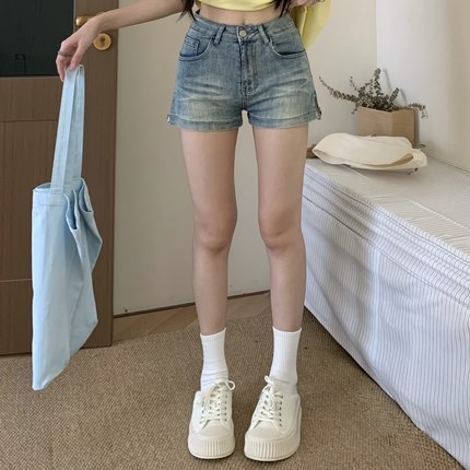 3MER哦哦三妹 美式辣妹设计感侧拉链牛仔短裤女夏修身显瘦a字热裤