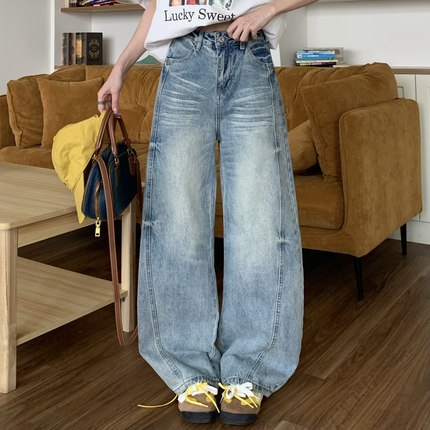 3MER哦哦三妹美式高街水洗猫须阔腿弯刀牛仔裤女宽松镰刀拖地裤子