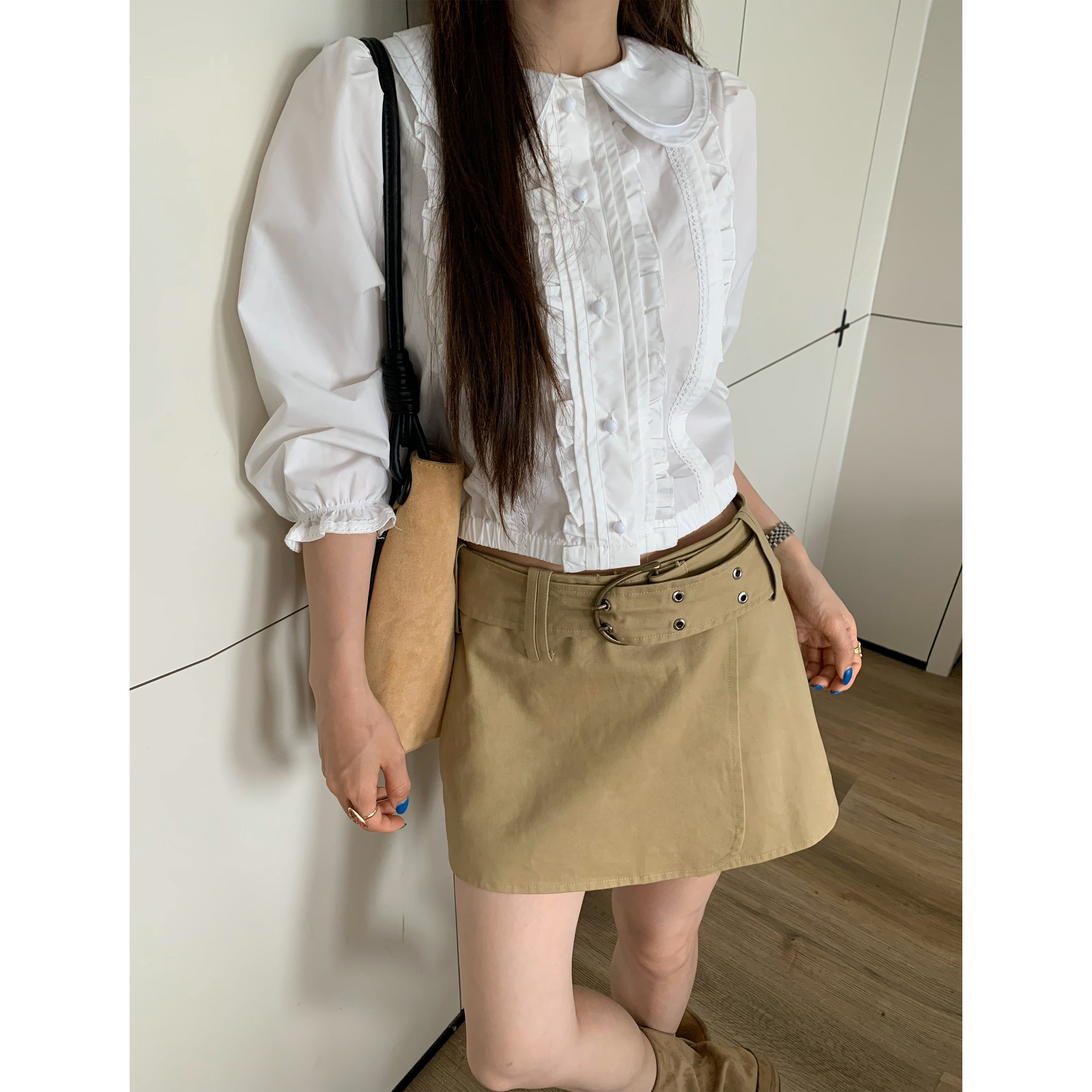 3MER设计感本布腰带辣妹裤裙图片