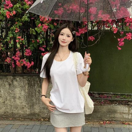 3MER哦哦三妹韩系凉感圆领纯色短袖T恤女宽松显瘦慵懒松弛感上衣