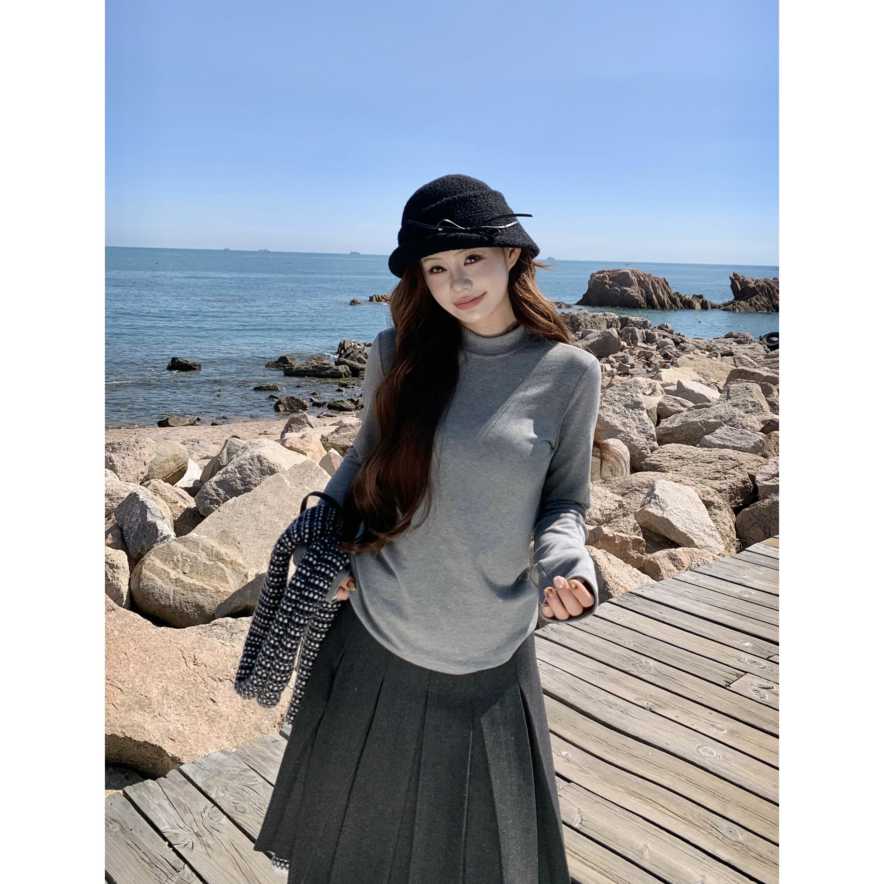 3MER哦哦三妹 纯色加绒内搭打底衫女秋冬弹力修身半高领长袖上衣