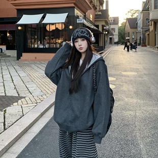 外套 慵懒风休闲宽松开衫 3MER哦哦三妹重磅撞色连帽卫衣女秋季 新款