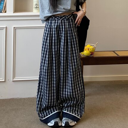 3MER哦哦三妹藏蓝色慵懒复古格子裤女夏直筒阔腿休闲裤拖地长裤子