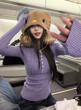 3MER哦哦三妹 紫色毛衣女秋冬慵懒内搭针织打底衫修身长袖T恤上衣