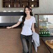 正肩纯色短袖 t恤女夏季 新款 3MER哦哦三妹 百搭修身 显瘦百搭上衣女