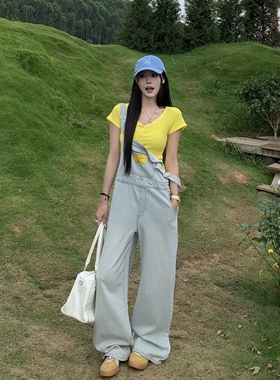 3MER哦哦三妹 浅蓝色复古牛仔背带裤女2025夏季穿搭阔腿连体裤子