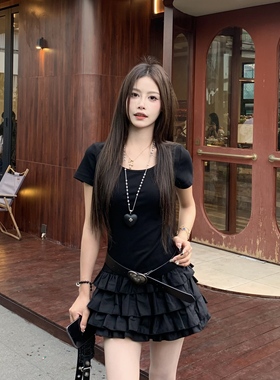 3MER哦哦三妹 辣妹拼接设计短袖连衣裙女夏季甜美显瘦蛋糕短裙子