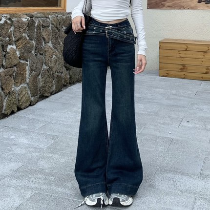 3MER哦哦三妹复古微喇牛仔裤女秋设计感小众修身显瘦直筒拖地裤子