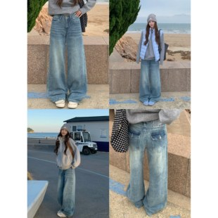 3MER哦哦三妹美式复古蓝色水洗阔腿牛仔裤女刺绣扎花宽松直筒裤子