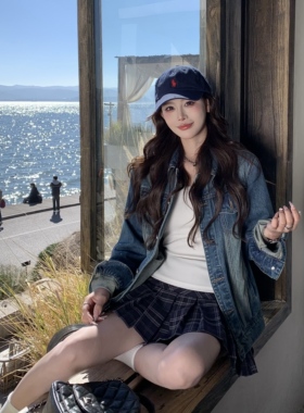 3MER哦哦三妹 深蓝色复古正肩牛仔外套女春秋新款设计感夹克上衣