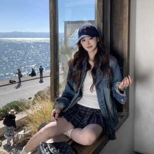 3MER哦哦三妹 设计感夹克上衣 深蓝色复古正肩牛仔外套女春秋新款