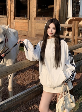 3MER哦哦三妹韩系三条杠拉链开衫外套女秋宽松运动休闲立领防晒衣