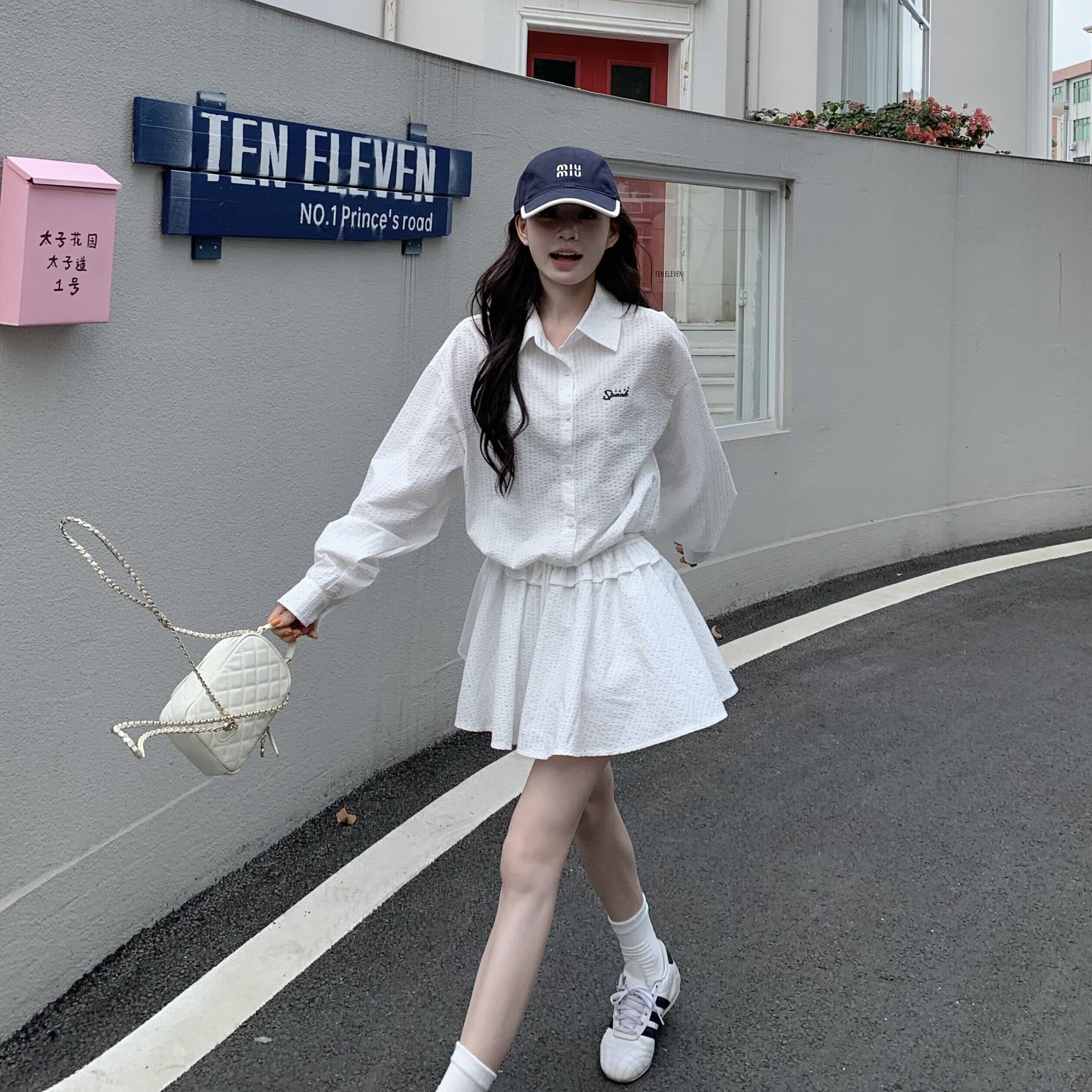 3MER哦哦三妹 韩系学院风烫钻白色长袖衬衫a字半身短裙两件套套装