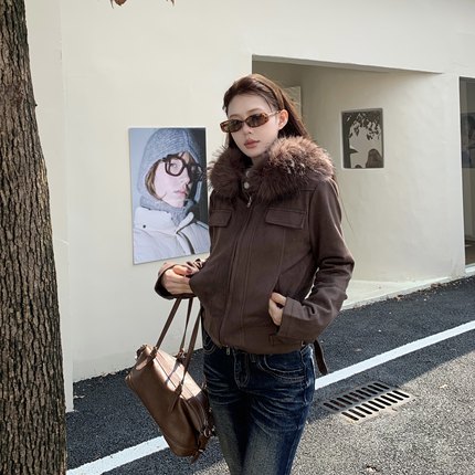 3MER哦哦三妹 麂皮毛领外套女秋冬新款修身显瘦连帽皮毛一体上衣