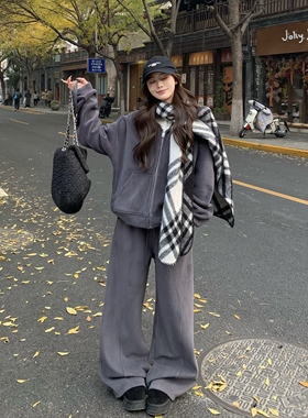 3MER哦哦三妹 韩系慵懒双面奥粒绒连帽卫衣套装女秋冬长裤两件套