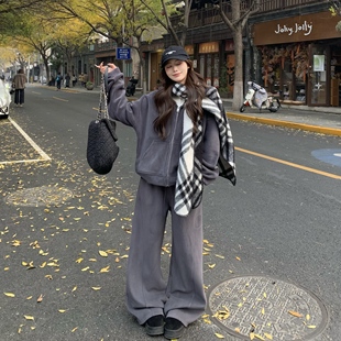 3MER哦哦三妹 韩系慵懒双面奥粒绒连帽卫衣套装女秋冬长裤两件套
