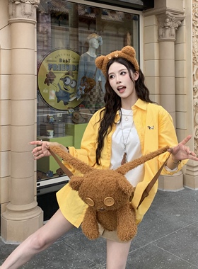 3MER哦哦三妹 黄色刺绣长袖衬衫女早秋新款韩系慵懒宽松休闲衬衣