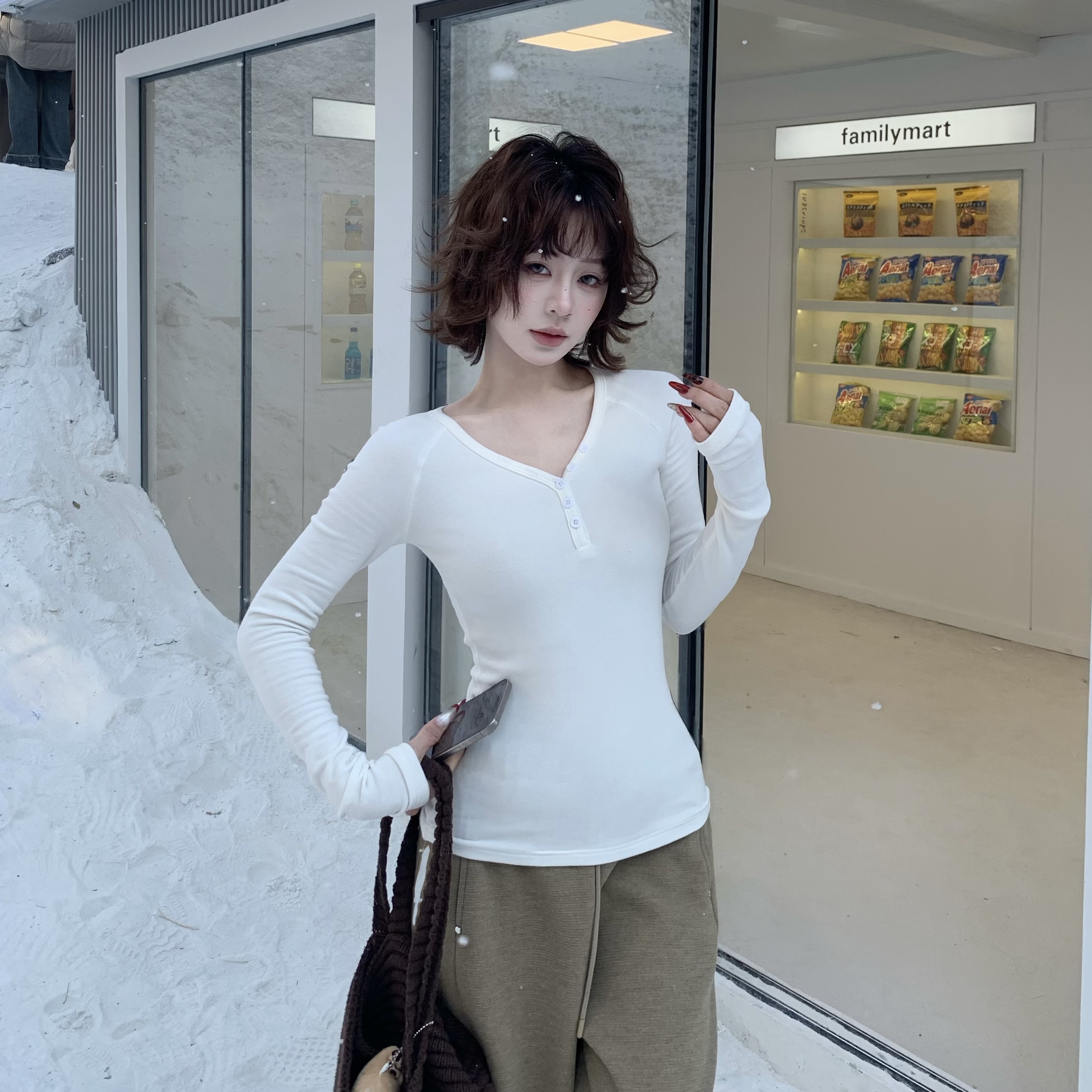 3MERV领纽扣修身磨毛长袖打底