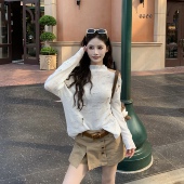 白色露肩破洞镂空针织罩衫 女2025秋季 新款 3MER哦哦三妹 长袖 上衣