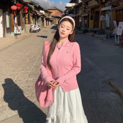 3MER韩女扭绳POLO领毛衣开衫