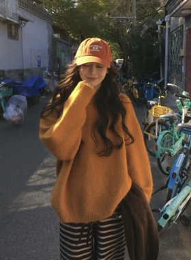 3MER哦哦三妹韩系慵懒橘色羊毛圆领毛衣女秋冬温柔宽松针织衫上衣